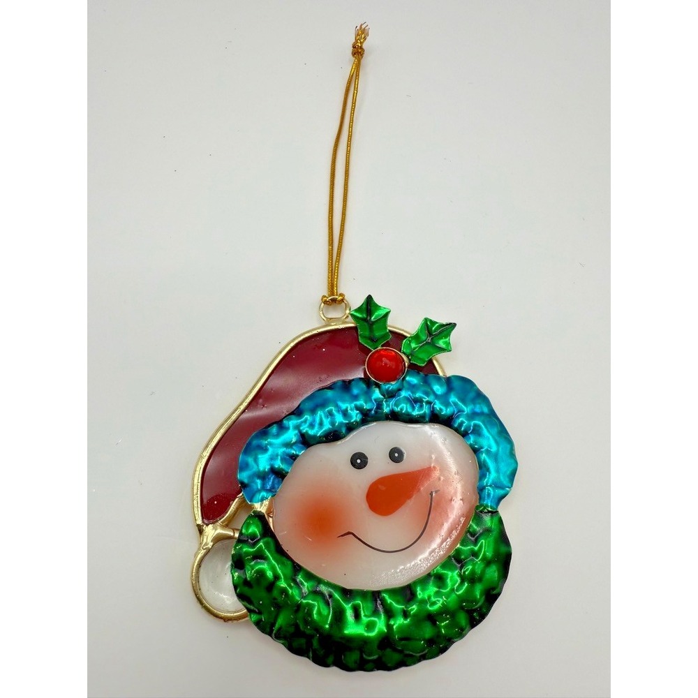 Stained Glass Snowman Ornament Handcrafted Holiday Decor Red Green‎ Gold 4"